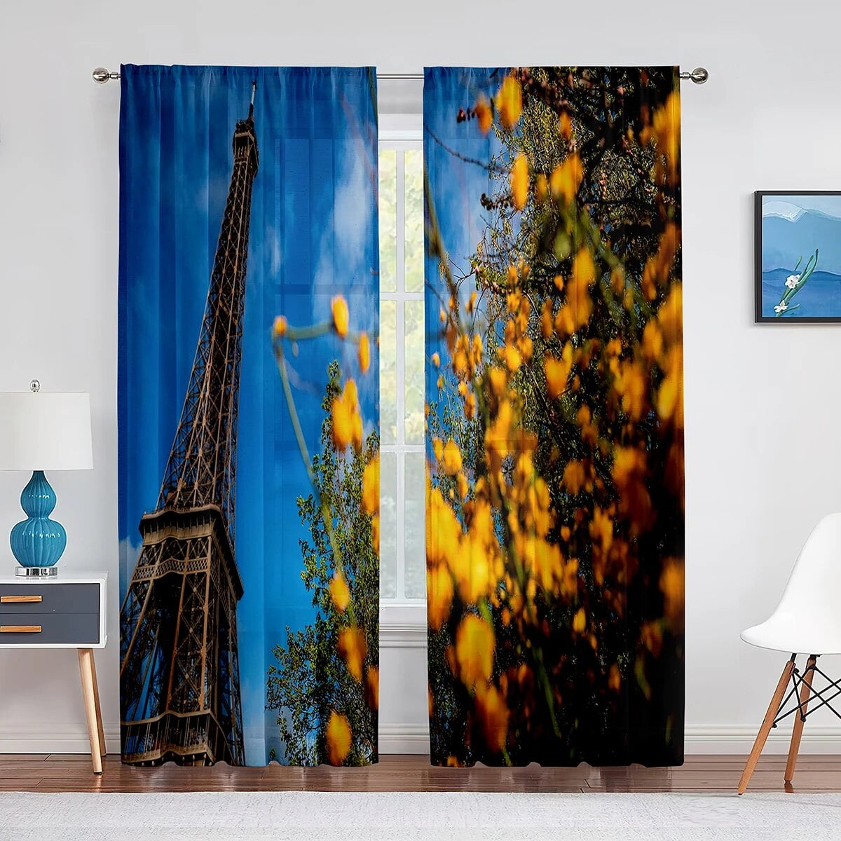 Hand Drawn Paris Eiffel Tower Chiffon Tulle Curtains for Living Room