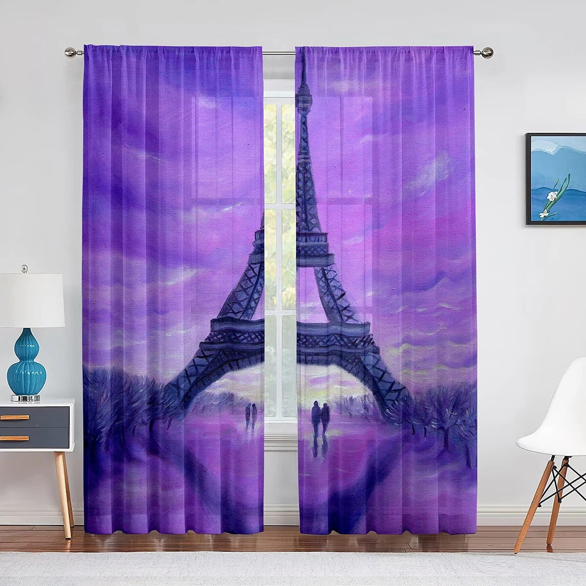 Hand Drawn Paris Eiffel Tower Chiffon Tulle Curtains for Living Room