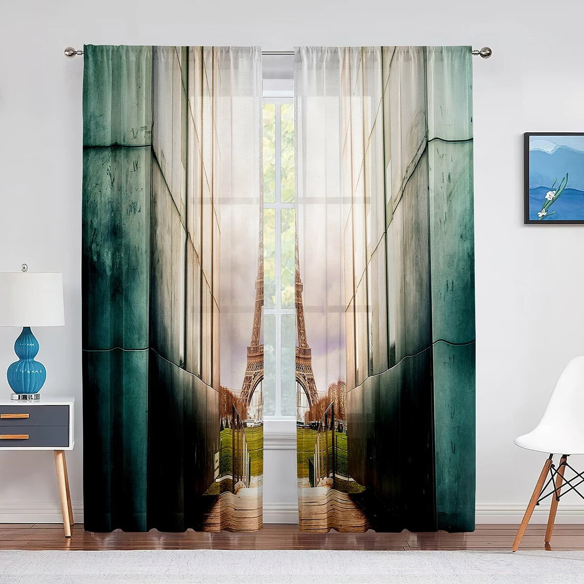 Hand Drawn Paris Eiffel Tower Chiffon Tulle Curtains for Living Room