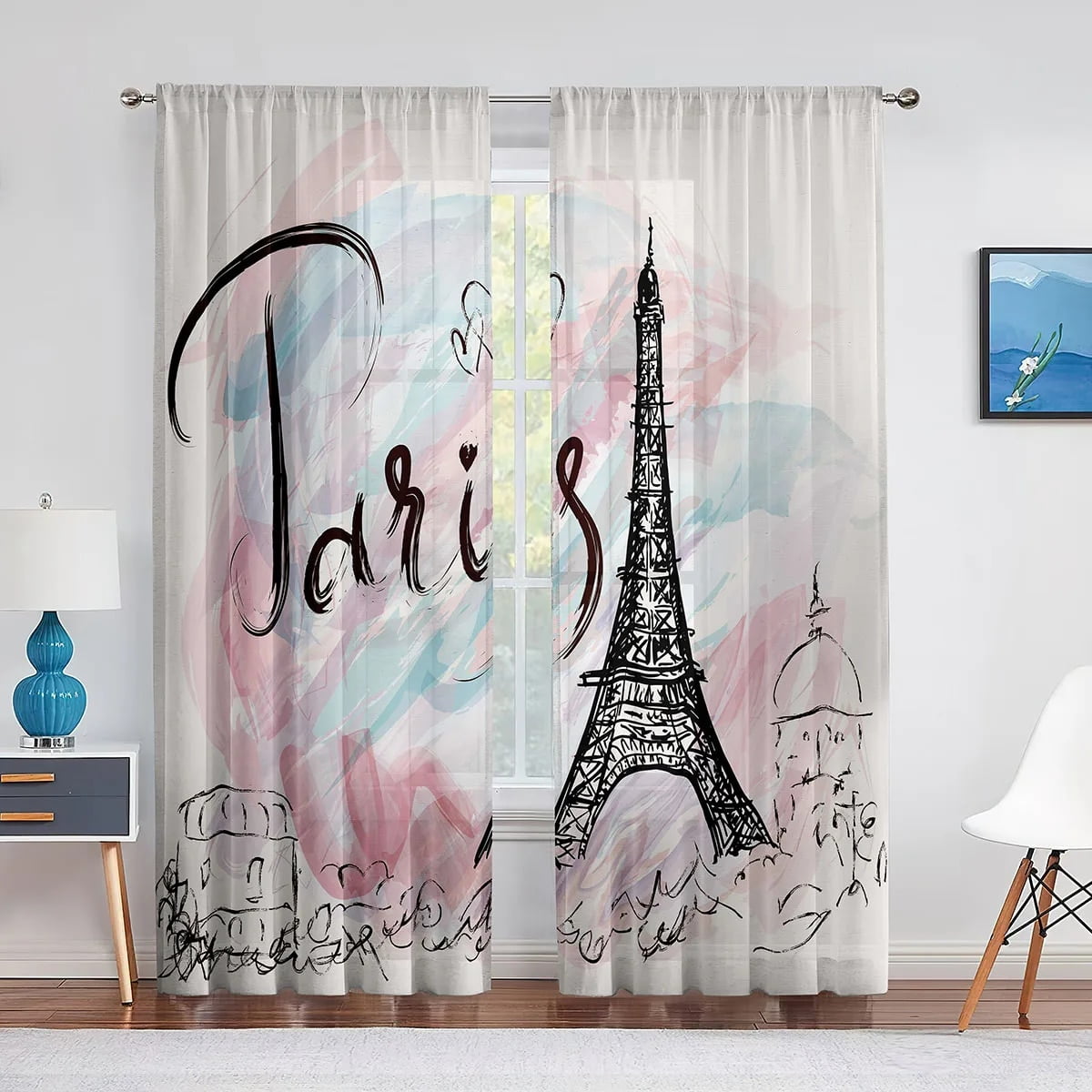 Hand Drawn Paris Eiffel Tower Chiffon Tulle Curtains for Living Room