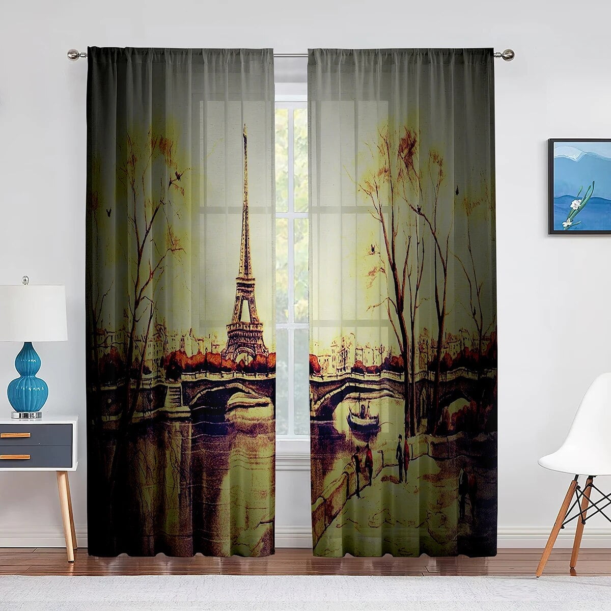 Hand Drawn Paris Eiffel Tower Chiffon Tulle Curtains for Living Room