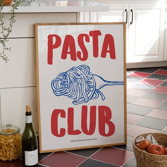 Hand Drawn Pasta Print, Pasta Club Poster, Modern Dinning Room Art, , Pasta Lover Gift, Kitchen Wall Art, Retro Food Print- Wall Art Print, 24x36 UNFRAMED