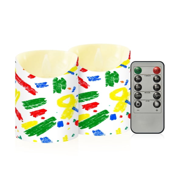 Hand Drawn Pattern Flameless Candles 2 PCS with Remote Realistic Moving Flame LED Tapered Pillar Set for Home Decor