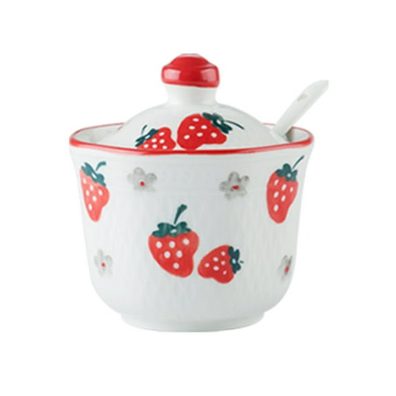 Hand Drawn Pattern Sugar Bowl With Lid, Ceramic Teacup Shape Sugar Pot, Coffee Accessories, Sugar Pourer, Kitchen Storage-Red Strawberry-1