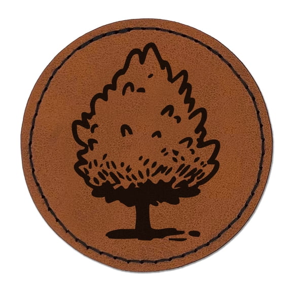 Hand Drawn Pine Bushy Tree Plant Round Iron-On Engraved Faux Leather Patch Applique - 2.5 Inch - Brown