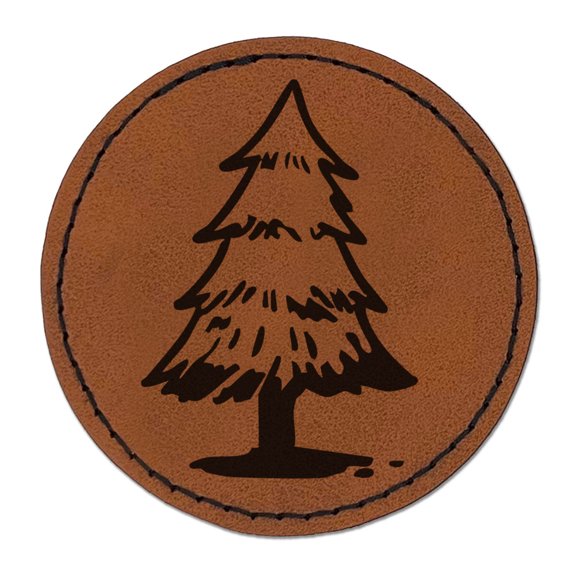 Hand Drawn Pine Tree Conifer Redwood Christmas Round Iron-On Engraved Faux Leather Patch Applique - 2.5 Inch - Brown