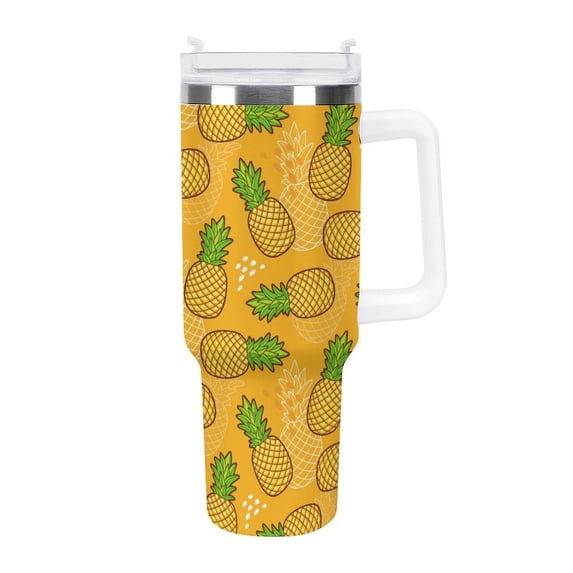 Hand Drawn Pineapple 40 Oz Tumbler with Handle and Straw Lid, Stainless Steel Insulated Travel Coffee Mug, Vacuum Insulated Water Bottle for Home, Office, Car, Keep Hot/Cold for Hours