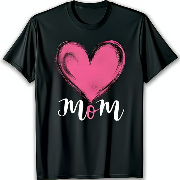 Hand Drawn Pink Heart & Elegant Mom Cursive Black T-Shirt for Mother Day