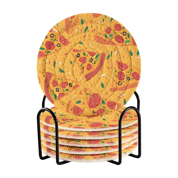 Hand Drawn Pizza Pattern Bar Coasters 6 Pack Braided Coasters with Holder Absorbent Heat Resistant