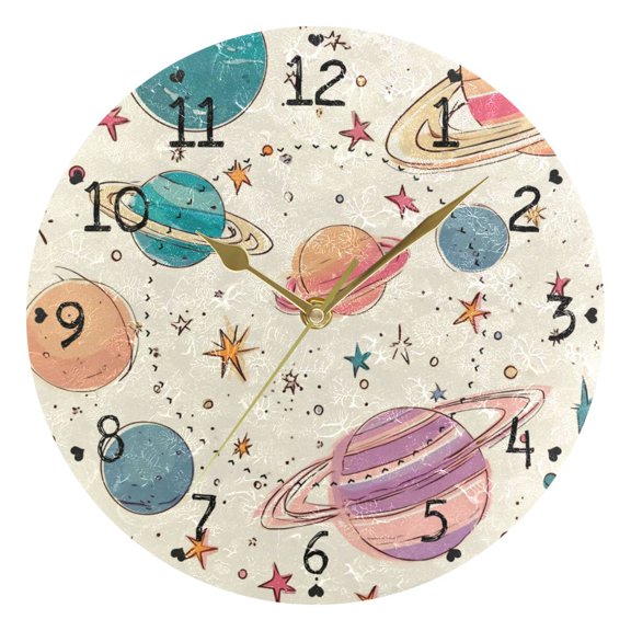 Hand Drawn Planets Stars Retro Colored Round Wall Clock Silent Analog Battery Operated Gold Pointer Home Decor 9.84" Diameter