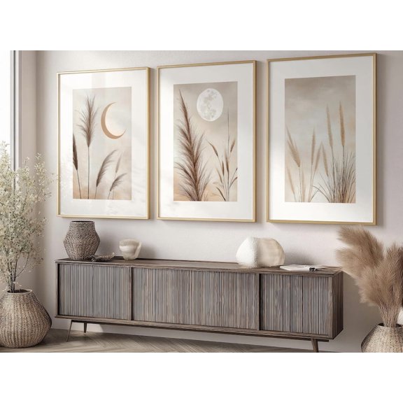 Hand-Drawn Posters With Natural Image Of Pampas Grass Neutral Home Decor Office Wall Art Set 3