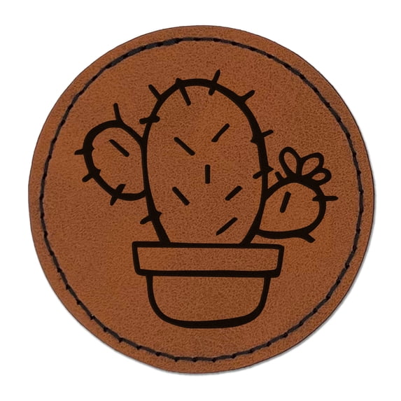 Hand Drawn Prickly Pear Cactus Doodle 2.5" Faux Leather Round Engraved Iron-On Patch - Brown