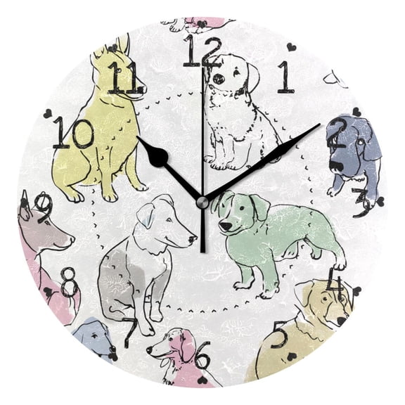 Hand Drawn Puppies Dogs Cute Round Wall Clock Silent Analog Battery Operated Black Pointer Home Decor 9.84" Diameter