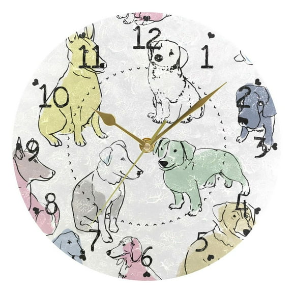 Hand Drawn Puppies Dogs Cute Round Wall Clock Silent Analog Battery Operated Gold Pointer Home Decor 9.84" Diameter