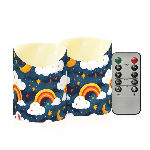Hand Drawn Rainbow Pattern Flameless Candles 2 PCS with Remote Realistic Moving Flame LED Tapered Pillar Set for Home Decor
