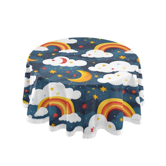 Hand Drawn Rainbow Pattern Round Lace Tablecloth 60 Inch Polyester Wrinkle Resistant Decorative