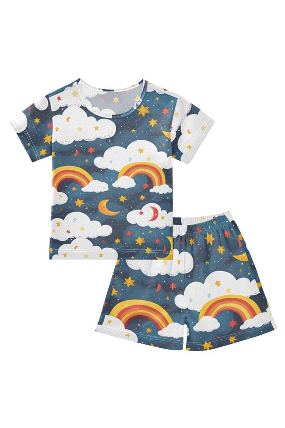 Hand Drawn Rainbow Pattern Summer Pajama Set Soft Cotton Short Sleeve Sleepwear 2PCS Pajama Sets Breathable Lounge Set Size 12Y