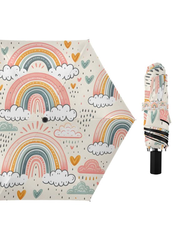 Hand Drawn Rainbow Rain Cloud Compact Sun Umbrella Windproof Travel Umbrellas for Rain Strong Portable UV Protection