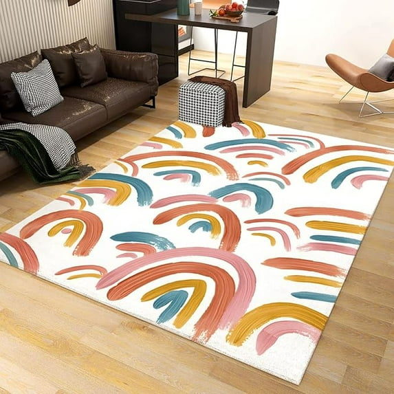 Hand Drawn Rainbows Area Rugs, Modern Abstract Style Soft Washable Carpet, Upholstery Rug With Non-Slip Backing For Bedroom Living Room Study 2 x 3ft