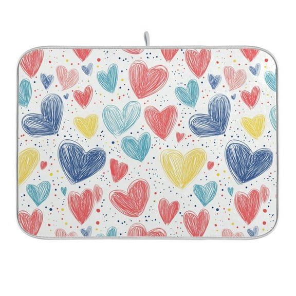 Hand Drawn Red Blue Yellow Hearts Dish Drying Mat 16x18 Absorbent Microfiber Draining Rack Pad for Kitchen Counter Sink