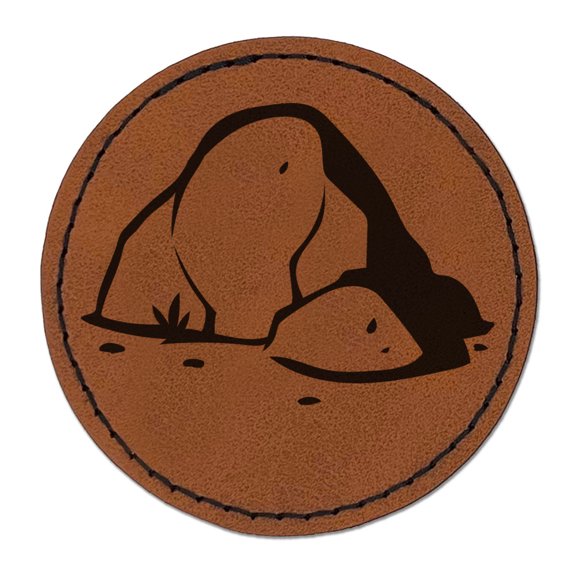 Hand Drawn Rock Stone Boulder Round Iron-On Engraved Faux Leather Patch Applique - 2.5 Inch - Brown