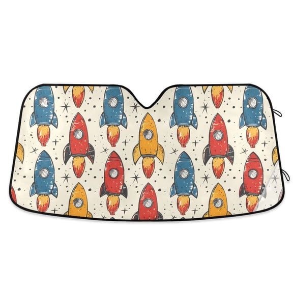 Hand Drawn Rocket Car Windshield Sun Shade Foldable Car Front Window Visor Heat and UV Protection 53x23.5