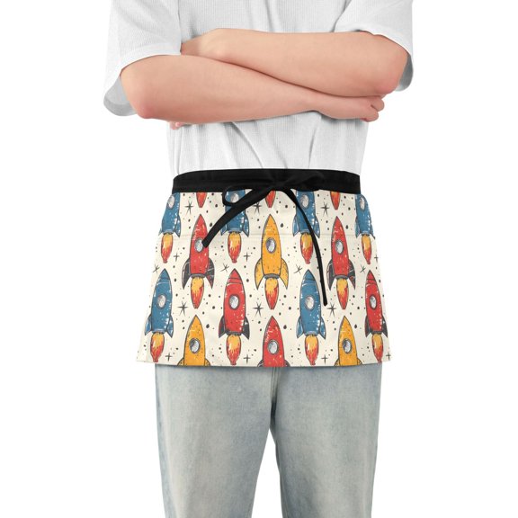 Hand Drawn Rocket Server Apron with 3 Pockets Waterproof Waitress Waist Short Apron for Man Woman 12 Inches