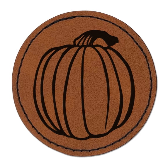 Hand Drawn Round Pumpkin Doodle Fall Thanksgiving Halloween 2.5" Faux Leather Round Engraved Iron-On Patch - Brown