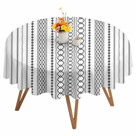 Hand Drawn Round Tablecloth 54 inches Line Grid Threads Lattices Waterproof Oil-Proof Table Cloth Round Table Cover for Holiday Party Picnic Dinner Decor Indoor and Outdoor Use