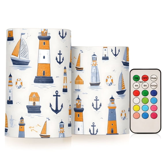 Hand Drawn Sailboat Flickering Flameless Candles Battery Operated with Remote Timer LED Pillar Candles Set of 2