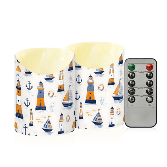 Hand Drawn Sailboat Pattern Flameless Candles 2 PCS with Remote Realistic Moving Flame LED Tapered Pillar Set for Home Decor
