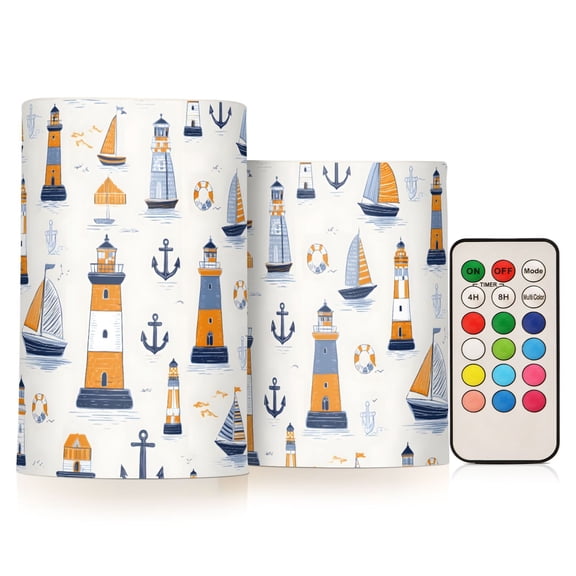 Hand Drawn Sailboat Pattern Flameless LED Candle Set with Remote, Battery Operated Color Changing Pillar Candles, Set of 2