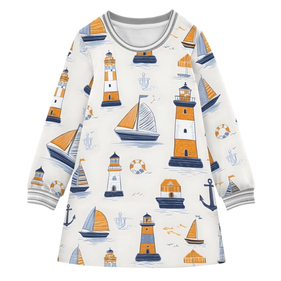 Hand Drawn Sailboat Pattern Girls'long-sleeved dress Thickened A-dress Warm Dress Basic Shirt Party Dresses