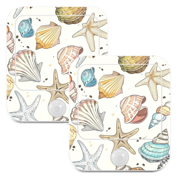 Hand Drawn Seashells Beach Stars 2 Pack LED Motion Sensor Night Light Plug into Wall Auto Dusk to Dawn Adjustable Brightness for Kids Bedroom Hallway Nursery Room