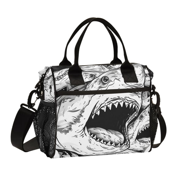Hand Drawn Shark Lunch Bag Insulated Lunch Box Leakproof Reusable Cooler Tote Adjustable Shoulder Strap for Men Women 12L