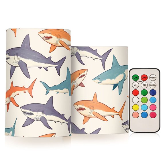 Hand Drawn Shark Pattern Flickering Flameless Candles Battery Operated with Remote Timer LED Pillar Candles Set of 2