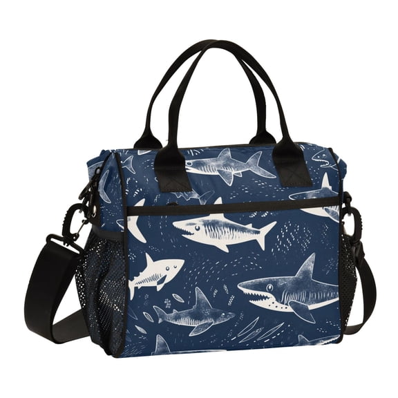 Hand Drawn Sharks Lunch Bag Insulated Lunch Box Leakproof Reusable Cooler Tote Adjustable Shoulder Strap for Men Women 9L