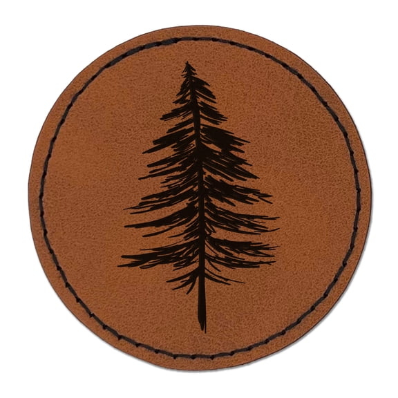 Hand Drawn Sketchy Christmas Evergreen Tree 2.5" Faux Leather Round Engraved Iron-On Patch - Brown