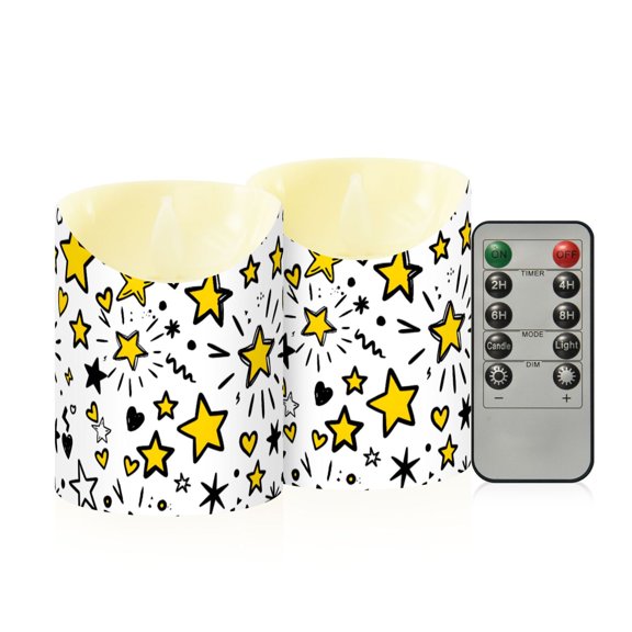 Hand Drawn Star Pattern Flameless Candles 2 PCS with Remote Realistic Moving Flame LED Tapered Pillar Set for Home Decor