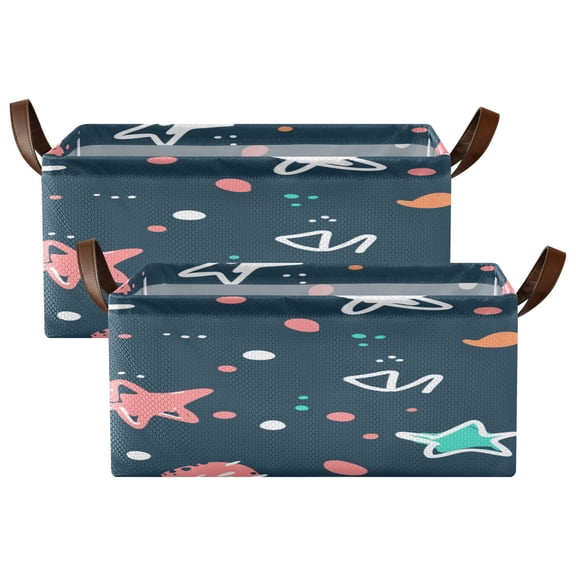 Hand Drawn Stars Shelf Baskets Set of 2 Foldable Metal Frame Open Storage Bins 16.9x11.4x7.7in Large Capacity