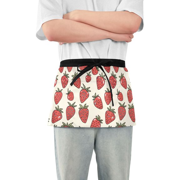 Hand Drawn Strawberry Server Apron with 3 Pockets Waterproof Waitress Waist Short Apron for Man Woman 12 Inches