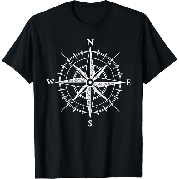 Hand Drawn Style Compass Rose Nautical T-Shirt men and women can wear, black, white, gifts