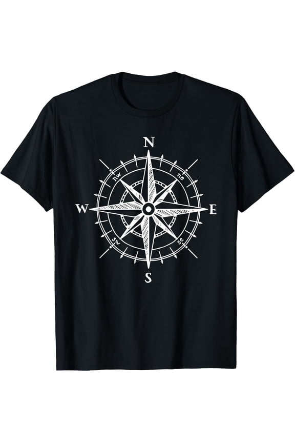 Hand Drawn Style Compass Rose Nautical T-Shirt men and women can wear, black, white, gifts
