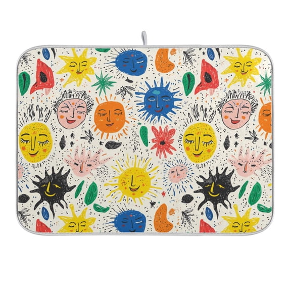 Hand Drawn Sun Dish Drying Mat 16x18 Absorbent Microfiber Draining Rack Pad for Kitchen Counter Sink