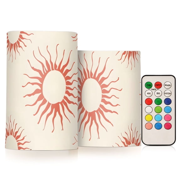 Hand Drawn Sun Flickering Flameless LED Candles set of 2 Battery Operated 18-Key Remotes Timer Halloween Fall Decor D3''xH4''5''