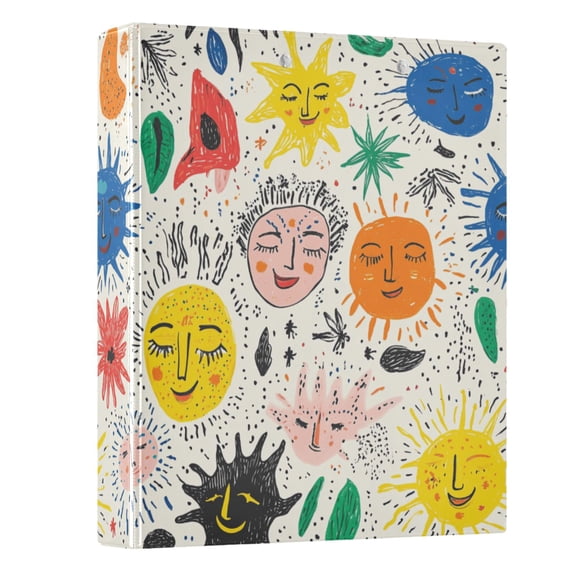 Hand Drawn Sun Hardcover 3 Ring Binder 1.5” Round Rings Letter Size Paper Pockets for School Office Supplies