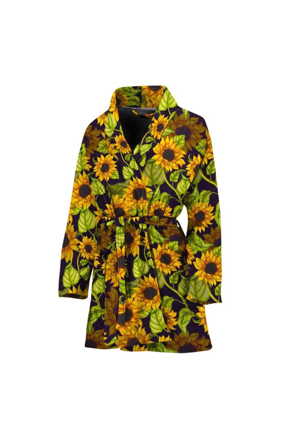 Hand Drawn Sunflower Pattern Women Bathrobe One Size Univeral Fits Fashion Lightweight Plush Fleece Long Robe For Women