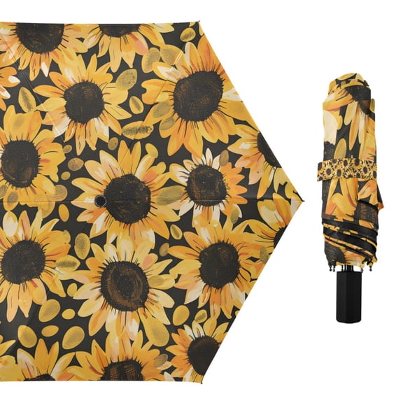 Hand Drawn Sunflowers Compact Sun Umbrella Windproof Travel Umbrellas for Rain Strong Portable UV Protection