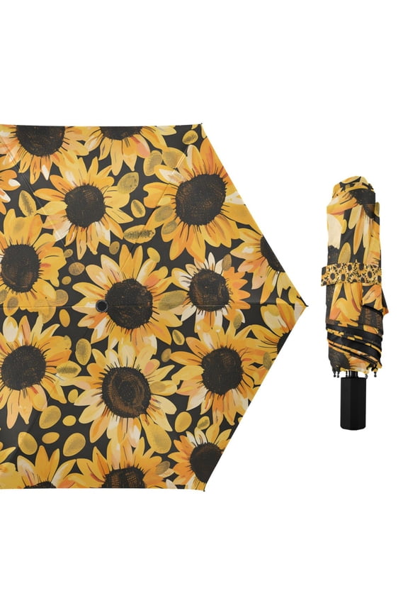 Hand Drawn Sunflowers Compact Sun Umbrella Windproof Travel Umbrellas for Rain Strong Portable UV Protection