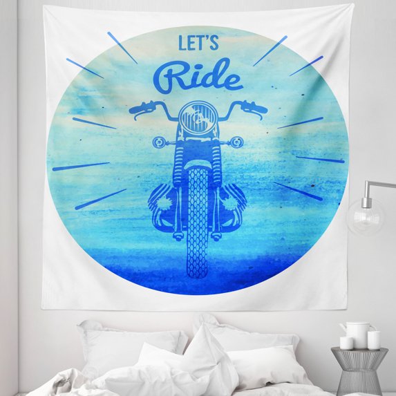 Hand Drawn Tapestry, Vintage Hand Drawn Motorcycle with Lets Ride Words Poster Image, Fabric Wall Hanging Decor for Bedroom Living Room Dorm, 5 Sizes, Sky Blue and Dark Blue, by Ambesonne